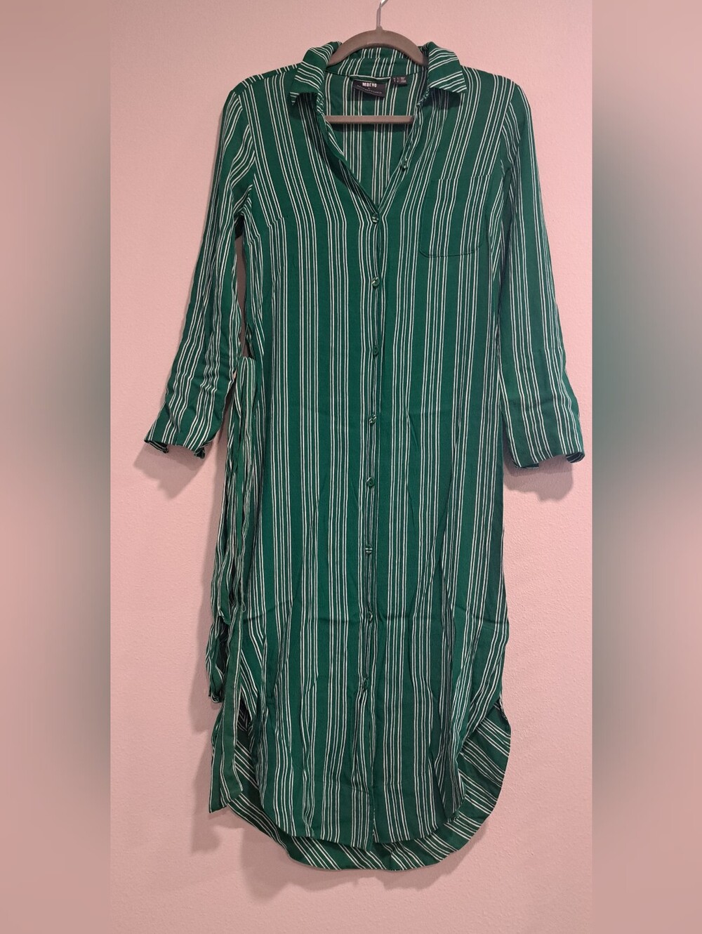 anthropologie green striped dress MAEVE by Button Martina Shirt Sz 2 Wing Collar high-low cocktail dresses